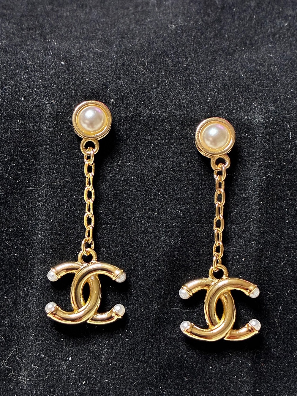 Double C Gold Tone Pearl Drop Swing Earrings for Pierced Ears